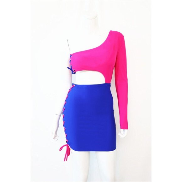 Women's Cut Out Side Lace up Detailed One Shoulder Mini Dress Party Dress - Picture 12 of 12